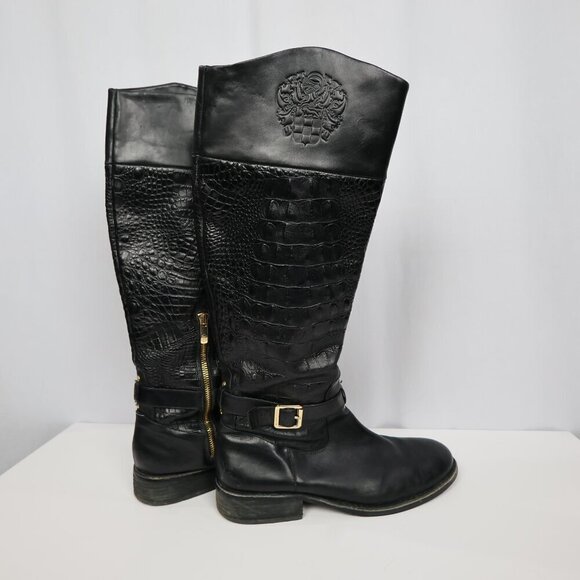 Vince Camuto Black Leather Embossed Knee High Riding Boots Gold Zip Buckle - 10 - Picture 10 of 14